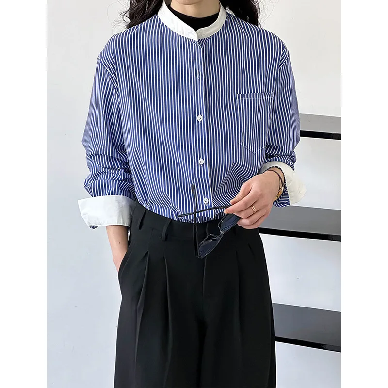 

Korean blue striped shirt, casual and fashionable loose design shirt, spring and autumn commuting women's clothing