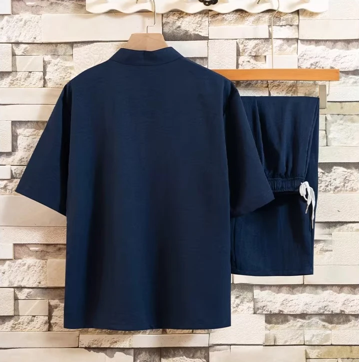 Chinese-style Men's Blue Two-piece Set: A Summer Short-sleeve Pullover Shirt Paired with Knee-length Shorts, Asian Sizes M-4XL.