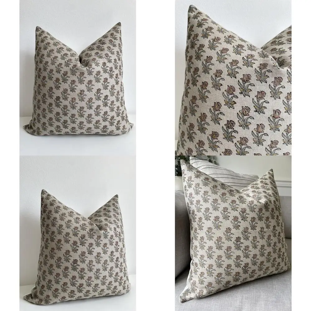 

Vintage Linen Hand Block Printed Pillow Cover - 20x20 Inches, Unique Throw Cushion Cover (Collins)