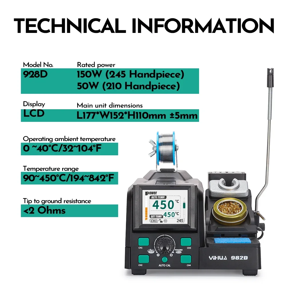 

YIHUA 982D C210/C245 Soldering Stations With Auto Temperture Calibration 4 Preset Channels PCB Electronic Welding Rework Station
