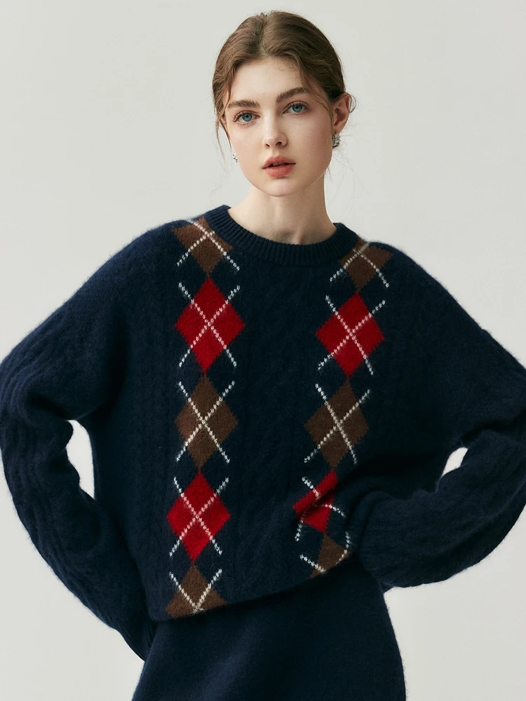 

CHICUU Heavyweight Women Rhombus Jacquard O-neck Pullover Autumn Winter 100% Cashmere Sweater Vintage Loose Cashmere Knitwear