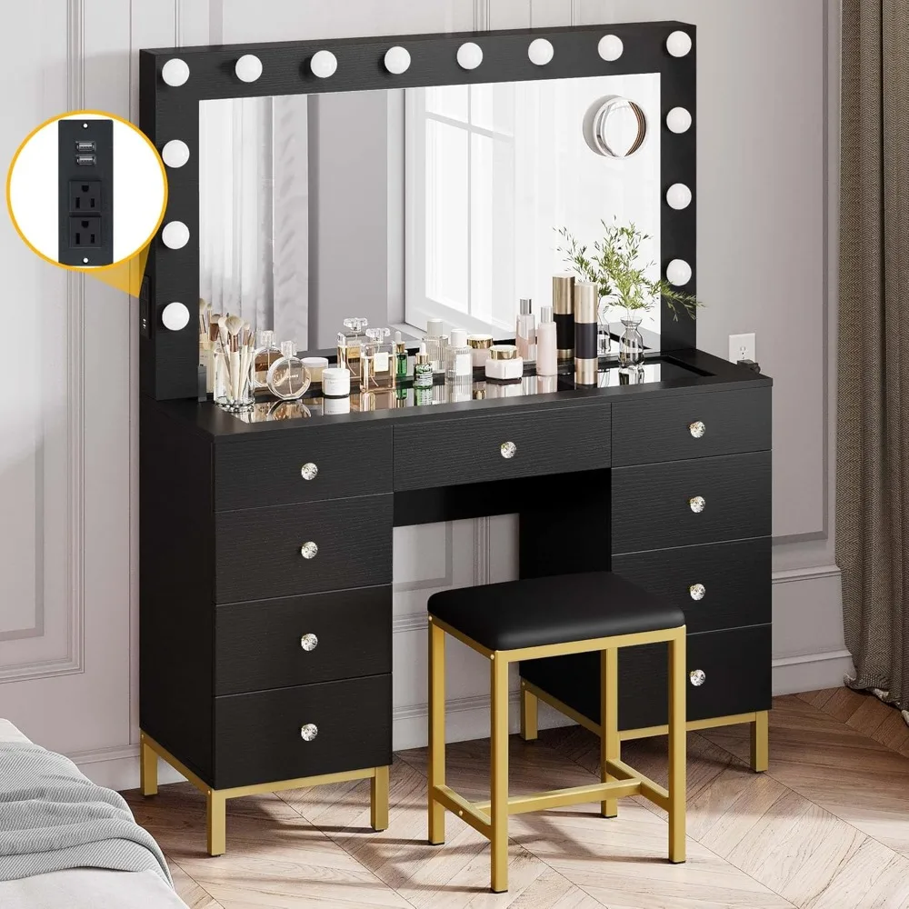 Vanity Desk Set with LED Lighted Mirror & Power Outlet, 14 Hollywood Bulbs Lighted 9 Drawers Makeup Vanities Dressing