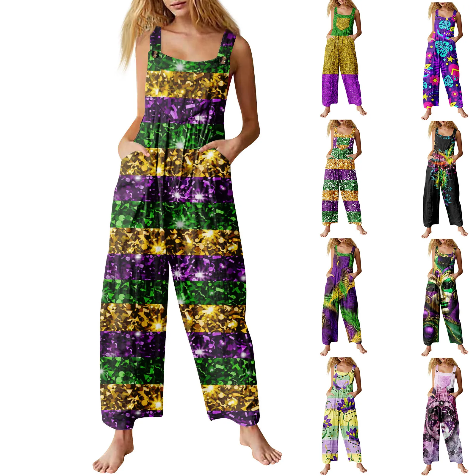 Carnivals Themed Womens Jumpsuit with adjustable Suspenders Spring and Summer With Pocket Overalls Mardi Gras  Slacks Pants