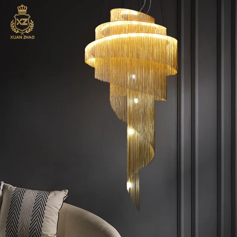 

Nordic Duplex Building Staircase Lamp Long Chandelier Hollow Aluminum Chain Tassel Lamp For Villa Chandelier Luxury