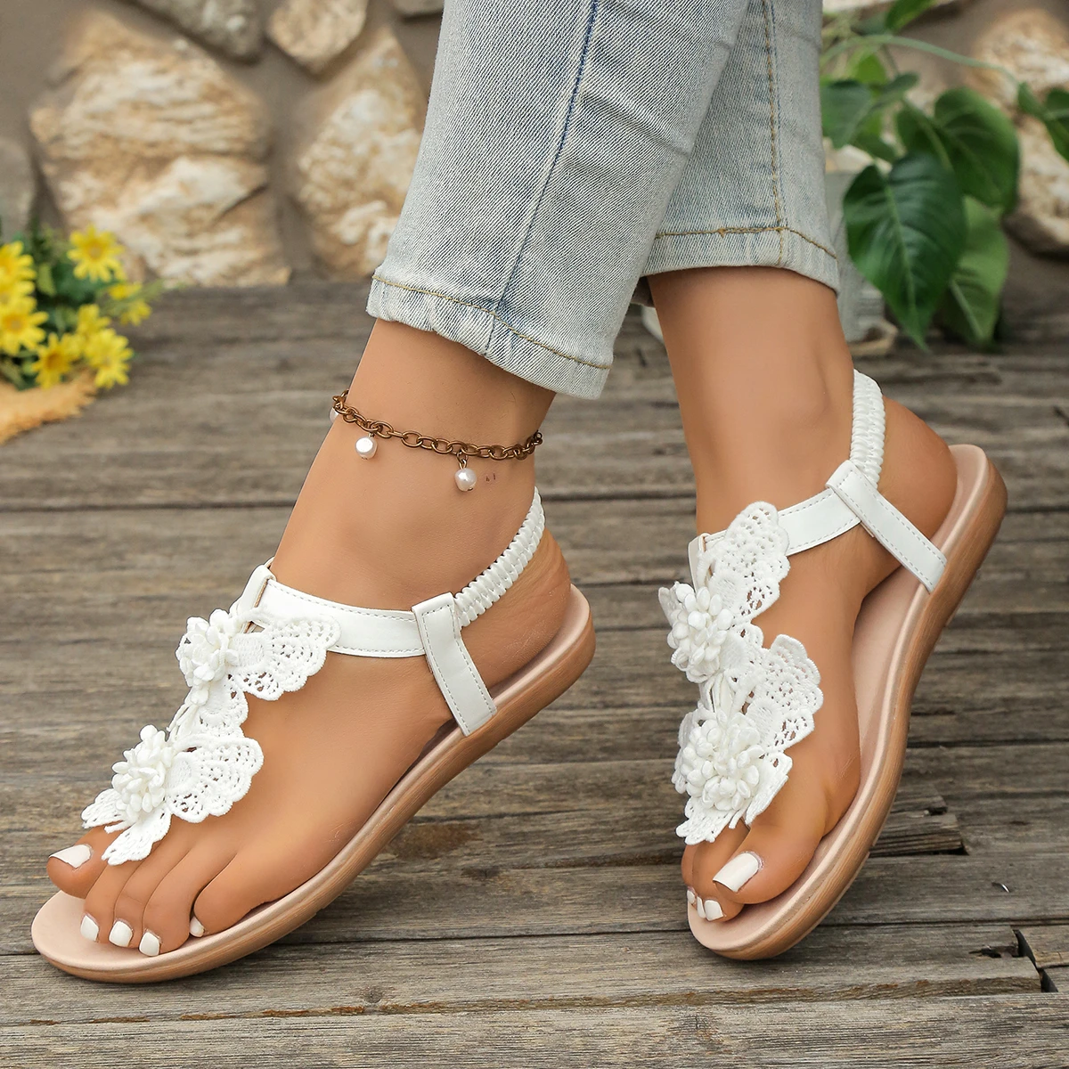 Elegant White Lace Crochet Butterfly Sandals Woman Summer Thick Sole Flower Flip Flops Ladies Beach Holiday  Floral Bride Shoes
