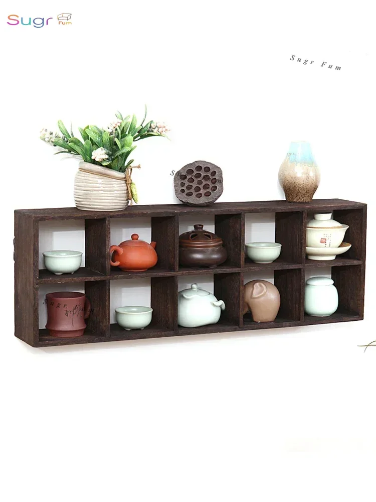 

Tea rack display rack, tea set storage rack, teacup , pot , burnt paulownia, Duobao grid ornament, solid wood, bogu