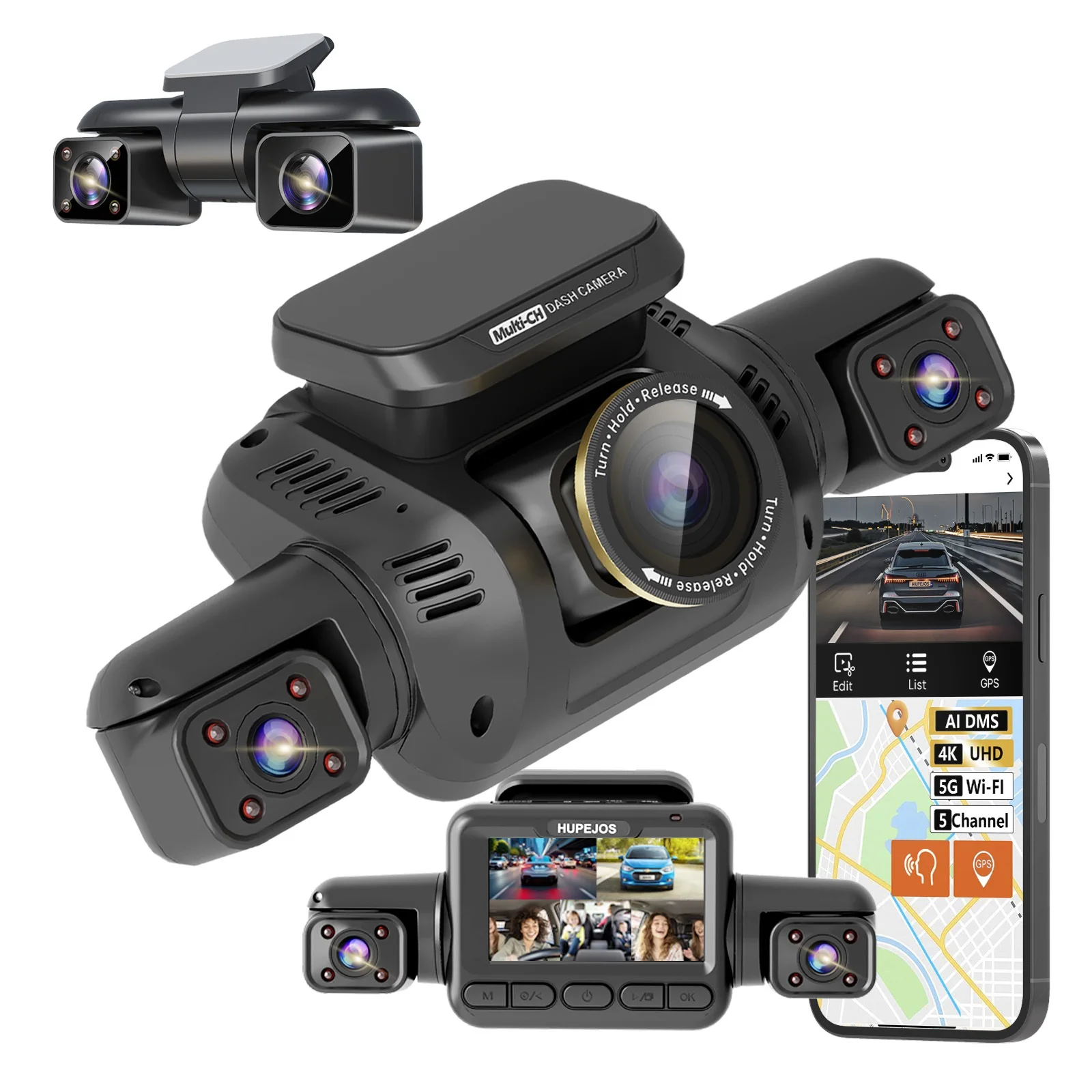 5 Channel Dash Cam Front Rear Left Right Car DVR 4K Dash Cam 360° Dash Cam Car Black Box With AI DMS 5G WiFi GPS CPL