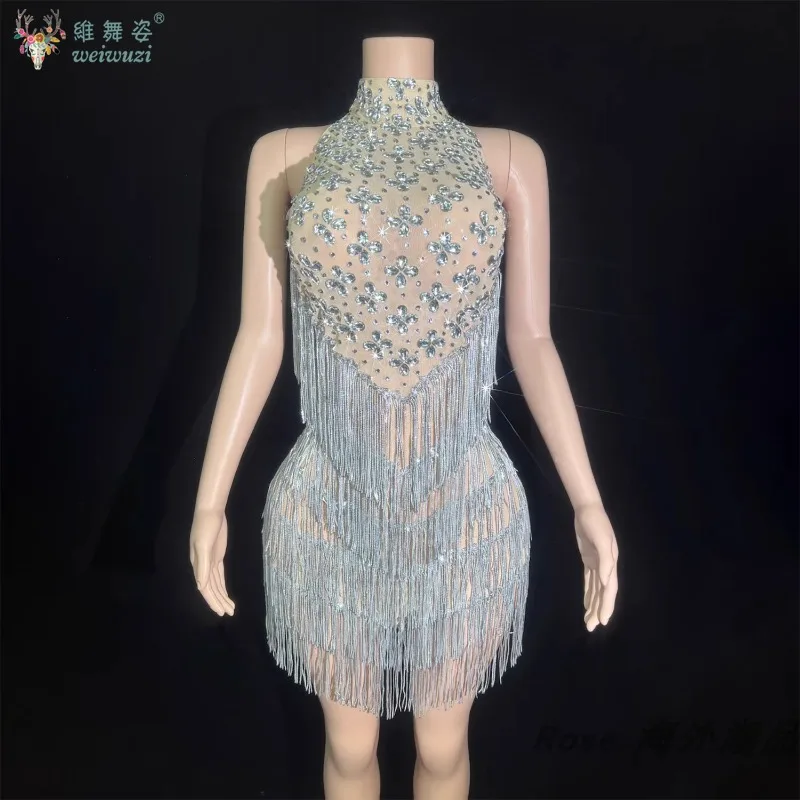 

Latin Dance Fringe Dresses Women Customized High-end Luxury AB Stones Long Sleeved Dress Tango Samba Chacha Performance Costume