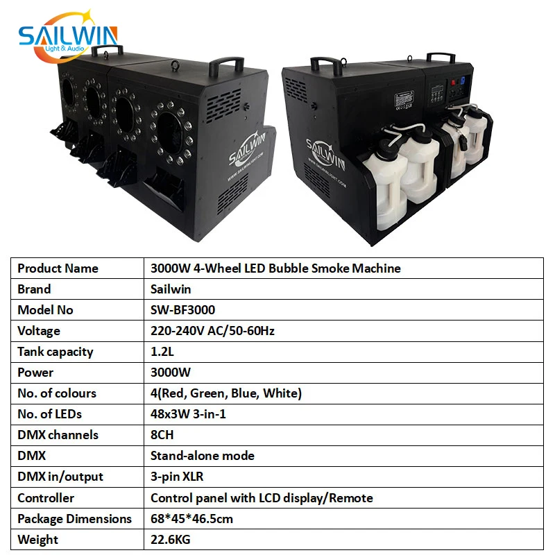 Sailwin 무대 조명, 4 홀, 3000W 28x3W RGBW 4IN1 LED 링 2, 연기 기계 및 버블 기계, 파티 제초 무대용