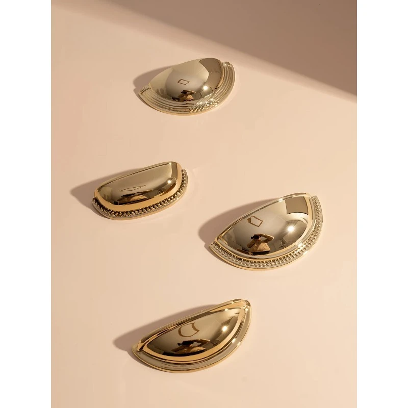 PVD Gold Solid Brass Shell Cup Pull 76mm Hole Spacing Beaded Edge Cabinet Drawer Thumb Handle Furniture Hardware