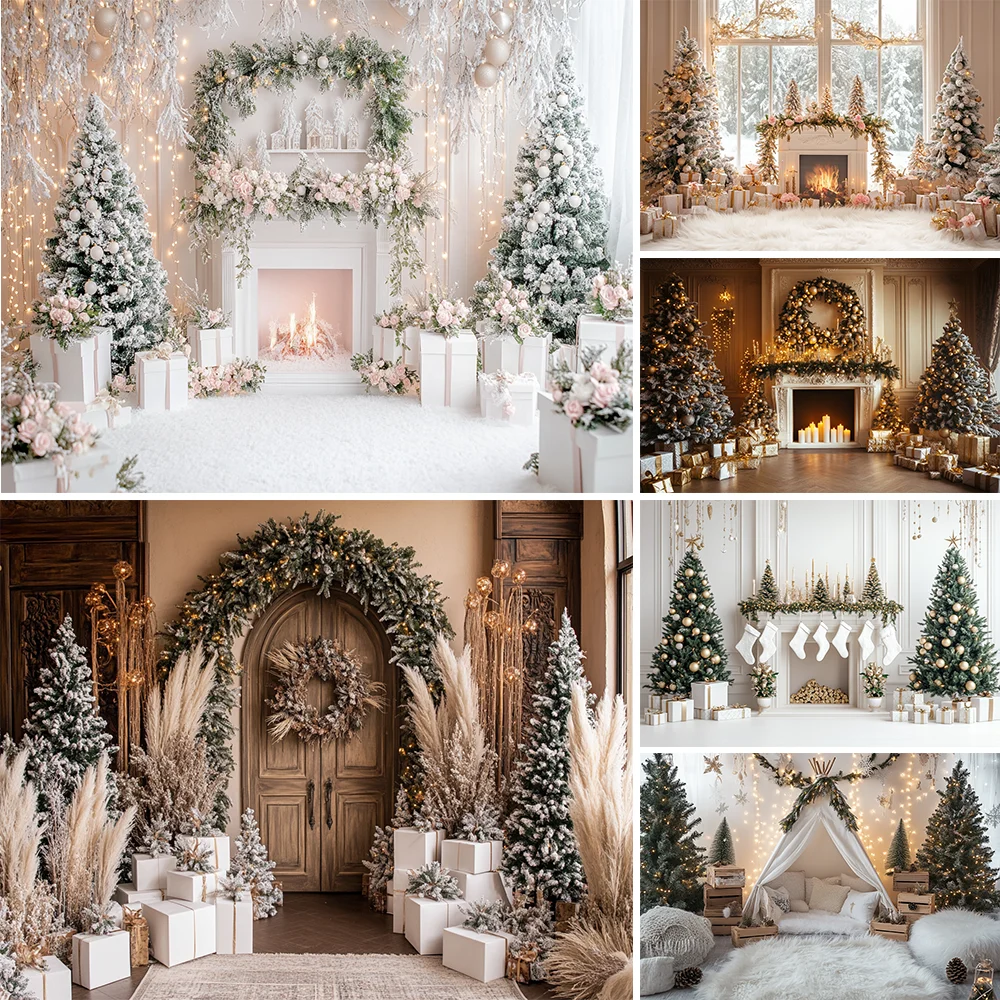 

Photography Background Winter Christmas White Wood Door Gift Xmas Tree Kids Family Portrait Decor Backdrop Photo Studio