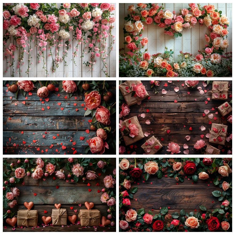 

Valentine’s Day Photography Background Wooden Board Flowers Love Heart Wedding Party Backdrop Portrait Photo Banner Props