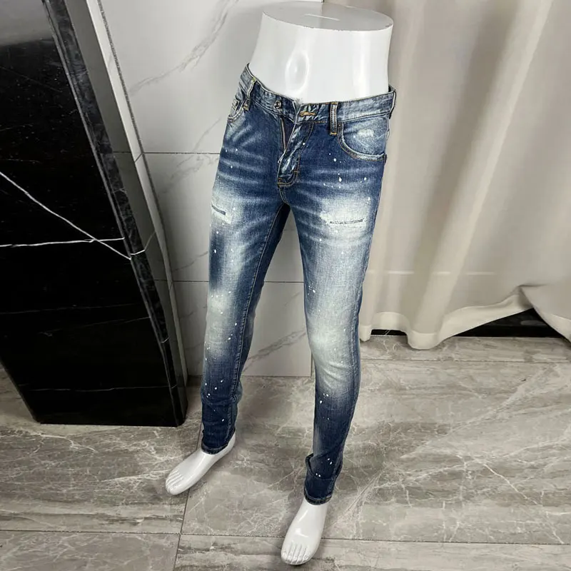 Designer europei e americani moda di strada jeans dipinti blu da uomo jeans slim fit elastici retrò di alta qualità hip-hop da uomo