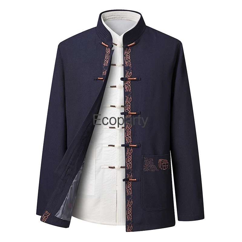 Herren chinesische traditionelle Tang Anzug Hanfu Kimono Jacke solide Strickjacke Cheong sam Kragen Freizeit jacke Retro Button Top Hosen Set