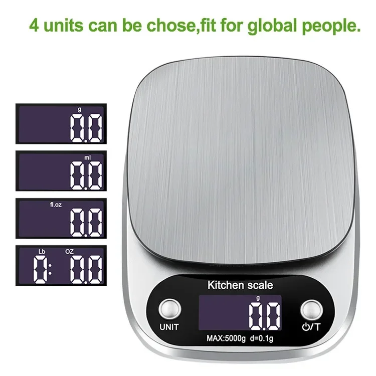 Household Kitchen Scale Electronic Food Scale Baking Scale Measuring Tool Stainless Steel Platform With Lcd Display 5kg/ 0.1g