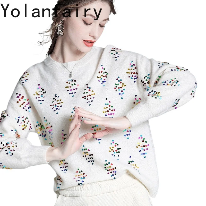 

YOLANFAIRY 2025 High Quality 89% Wool 11% Cashmere Pullover for Woman Sweaters Hand-sequined Loose Tops Vintage Sweater 가을 니트