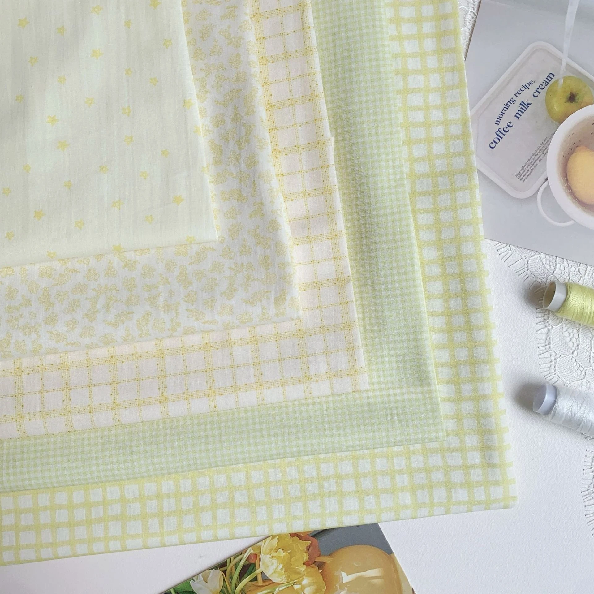 145x50cm 40s Cotton Print Fabric Yellow Stars Grid Floral DIY Pajama Dress Craft Sewing Cloth