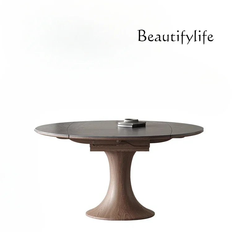 foldable round solid wood rock slab dining table and chair combination small apartment medium and ancient style stretching table