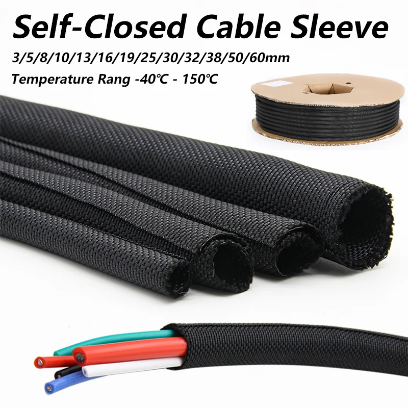 

1/2/3/5/10m Black Self-Closed PET Expandable Braided Sleeve Line Organizer Insulated Wrap Self Closing Sleeved Cable Protection