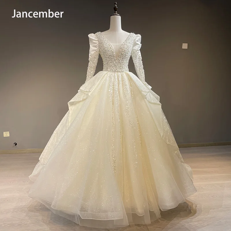 

Jancember V-neck Floor-Length Full Sleeves Beading Lace Up Illusion Pleat Sequined Elegant Guest Wedding Dresses 1762