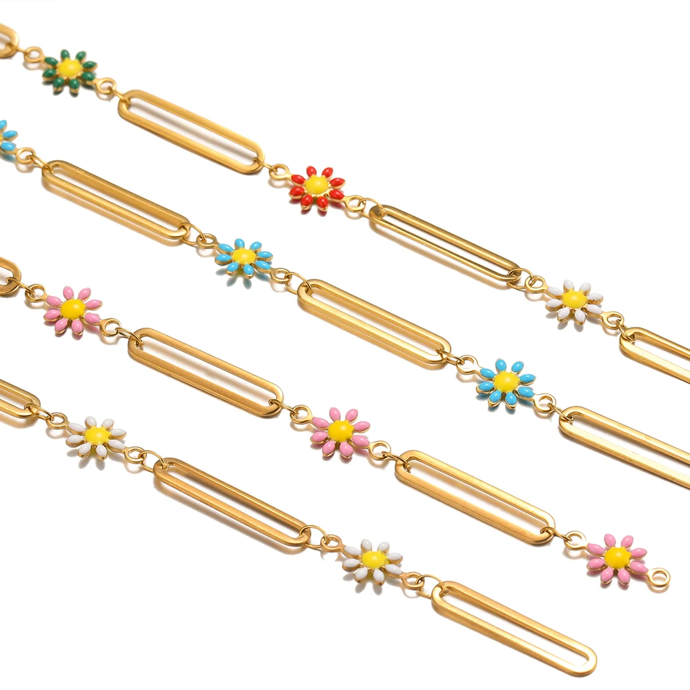 1 Meter Stainless Steel Enamel Flowers Long Buckle Gold Color Flat Chains for Necklace Bracelet Findings DIY Jewelry Making