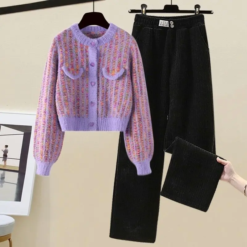 

Fashion Elegant Outfits Spring Autumn Small Fragrance Short Cardigan Sweater Chenille Wide Leg Pants Two Piece Set For Women