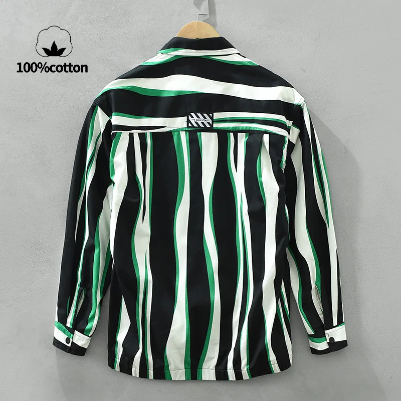 100% Cotton High-quality Striped Men's Long Sleeve Shirt, Breathable, Moisture-wicking Loose Lightweight Jacket.