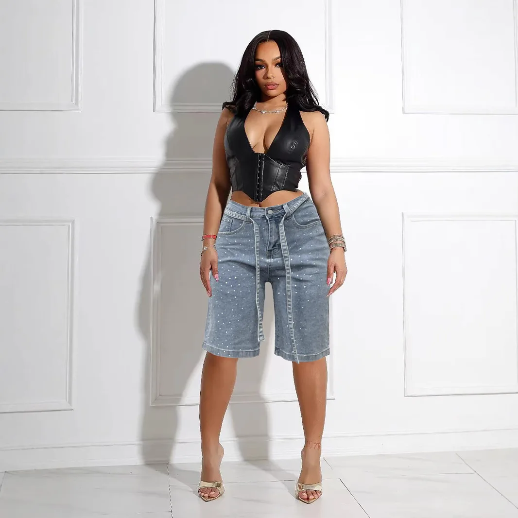 

Knee Length Women Jeans High Waist Jean Denim Washed Pants Sashes Zipper Fly Distressed Straight Diamonds Summer Vintage