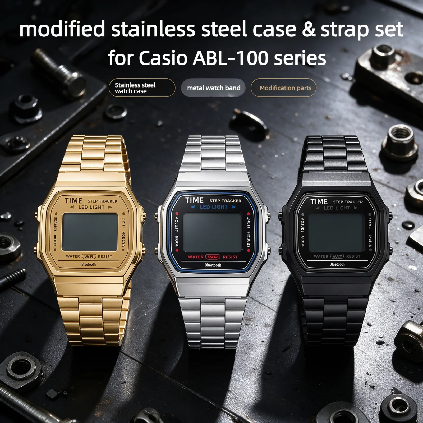 Stainless Steel Watch Case for Casio ABL-100 Vintage Retro small square Metal case Replacement Repair Mod Parts Accessories