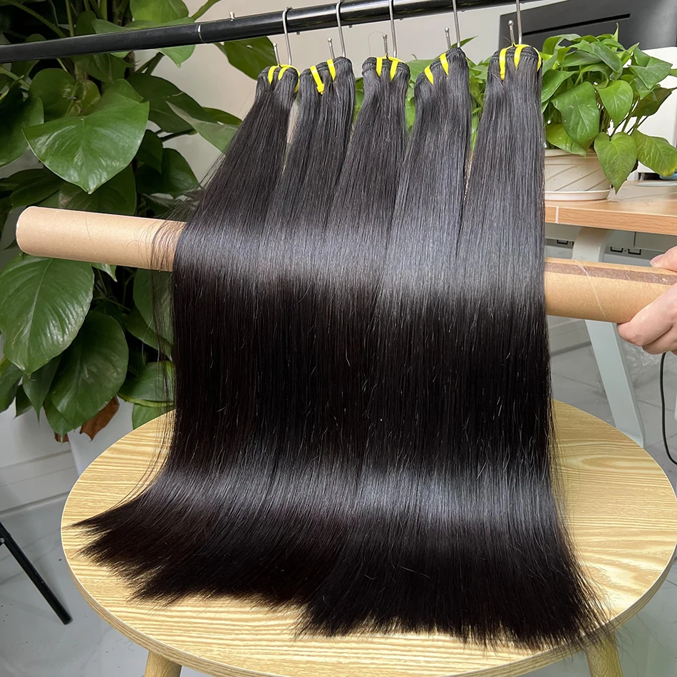 Super Double Drawn Bundles Bone Straight Human Hair Double Weft Unprocessed Raw Virgin Hair Weave Extensions #1B Natural Color