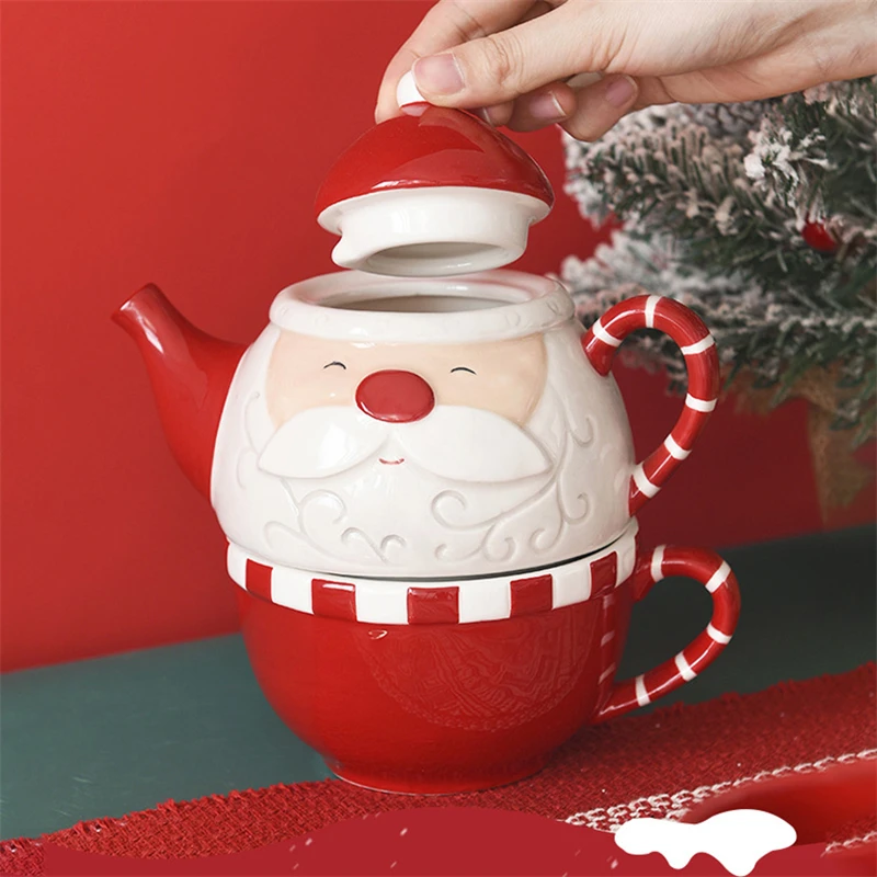 Creative Teapot Coffee Cup Pot Suit Ceramic Kettle Flower Tea Set Mother Pot Santa Claus Ornaments Holiday Gifts For Children