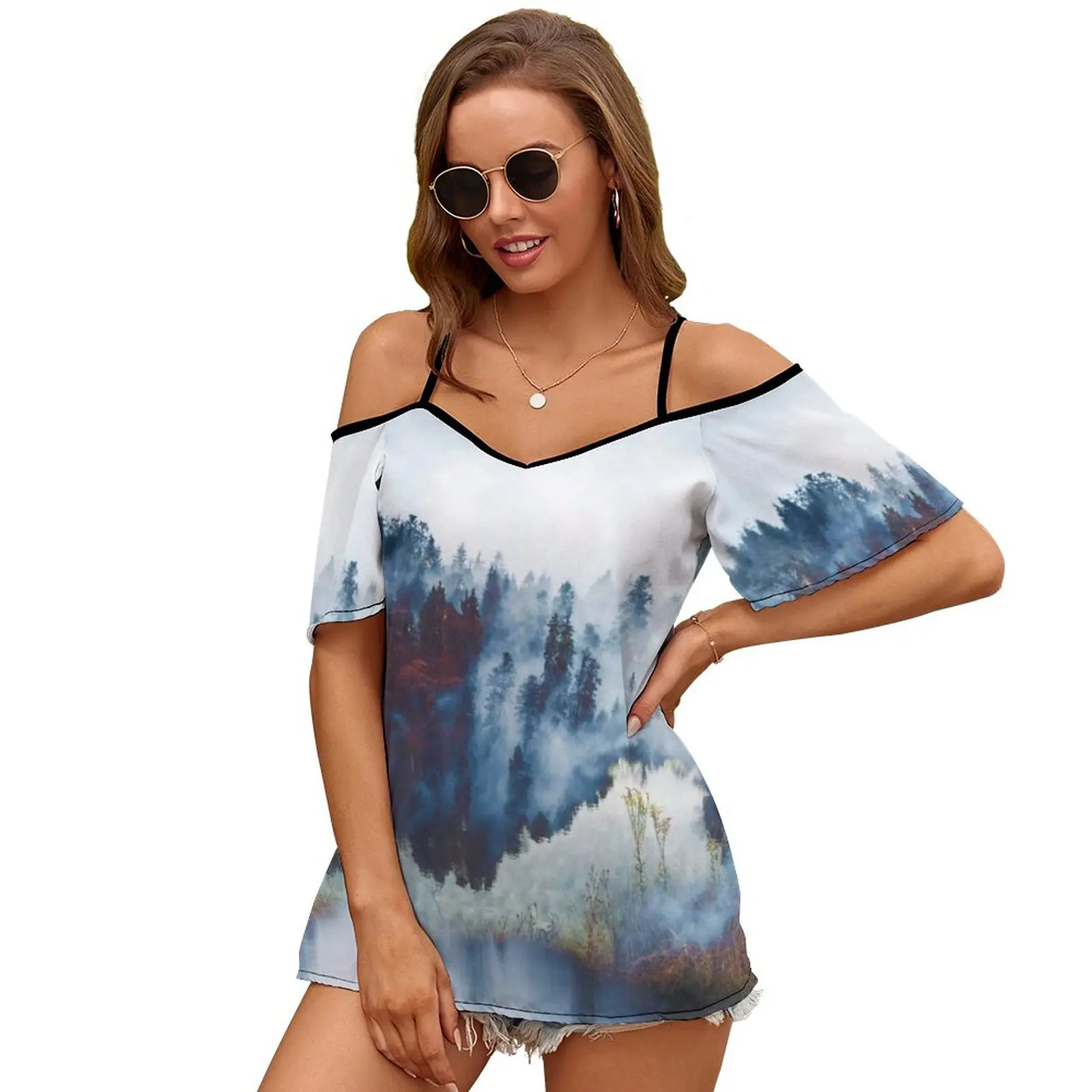 Fog Sexy And Club Fashion Female T-Shirt Short Sleeve Off Shoulder Lady T Shirts Landscape Fog Foggy Lake Clear Snow Tree Woods