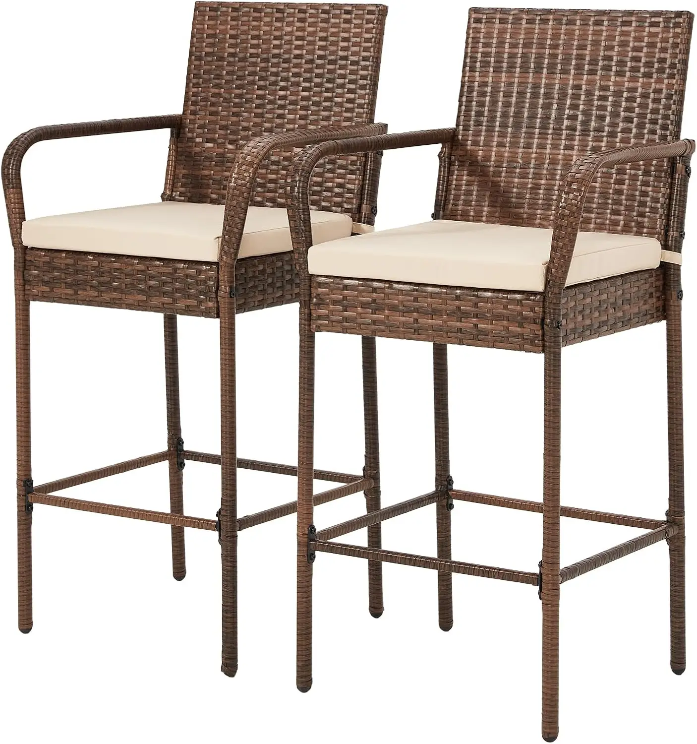 

Patio Wicker Barstools Set Of 2, Outdoor Rattan Bar Height Chairs With Armrest & Backrest, Soft Cushion, Footrests, All-Weather
