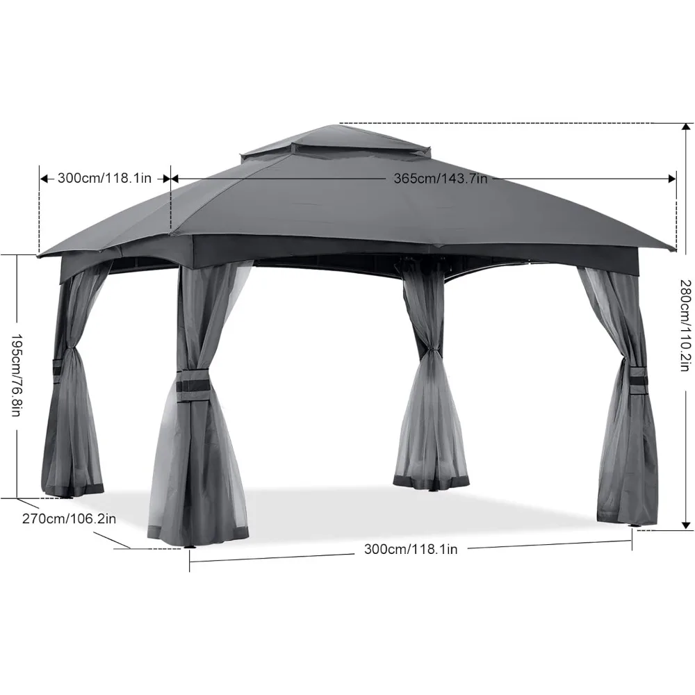 Gazebo exterior de 10x12: cenador de patio con mosquitera, toldos exteriores para sombra y lluvia para césped, jardín, patio trasero