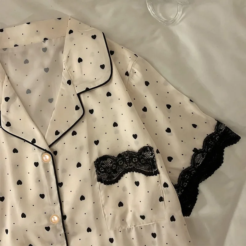 French-Style Anti-Aging Ins-Style Ice Silk Pajamas, Girls' Short-Sleeve and Shorts with Heart Jacquard, Home Wear Summer Outfit