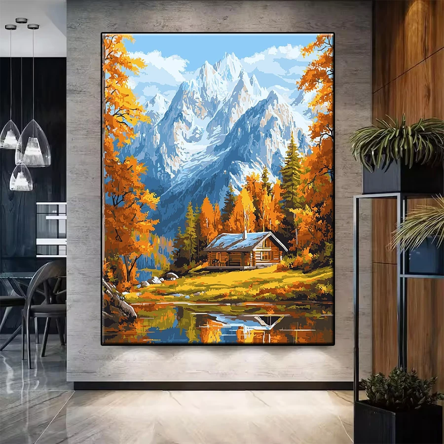 Art And Craft Autumn - 5Dダイヤモンドペインティングキット 新しい秋の木々と山の木造住宅風景 フルダイヤモンド DIYアートクラフト ホームデコレーション 大人向けギフト