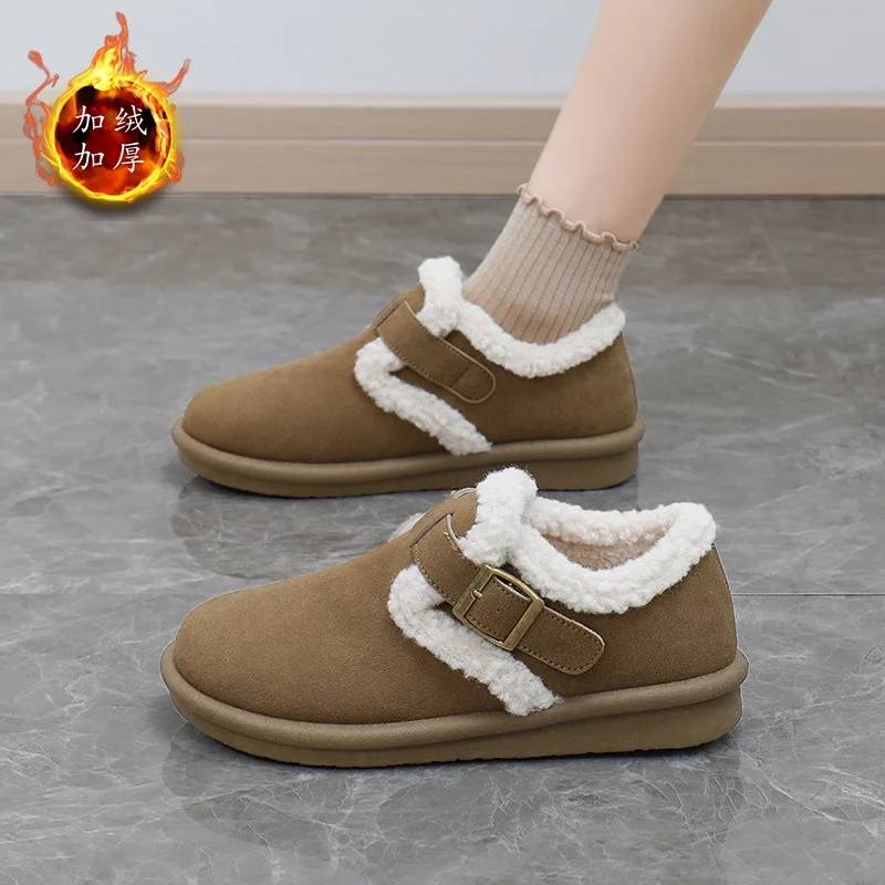 2024 Winter Retro Women's Lamb Wool Shoes Warm Fur Flat Loafers Women Outdoor Waterproof Ankle Boots Lazy Moccasin Driving Shoes