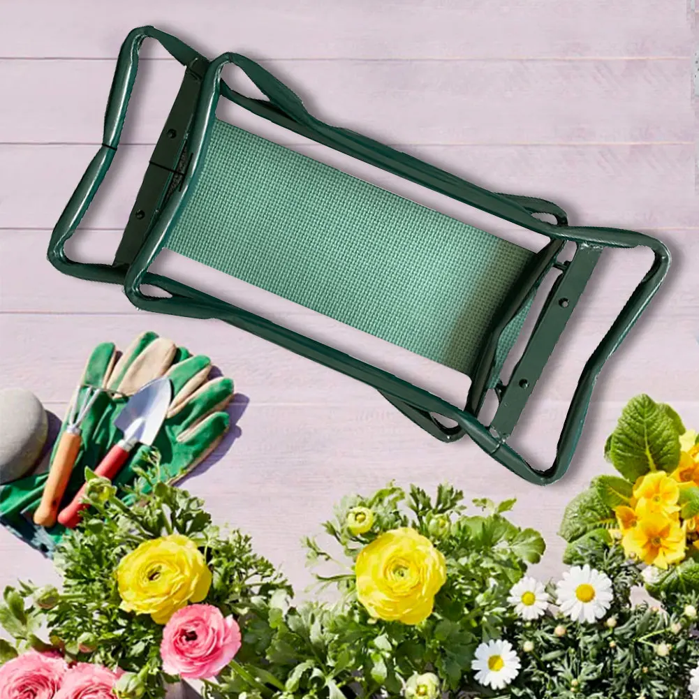 Folding Portable Iron Garden Kneeling Stool, Square Outdoor Kneeler with Detachable Tool Pouch, Compact for Camping Hiking Trave