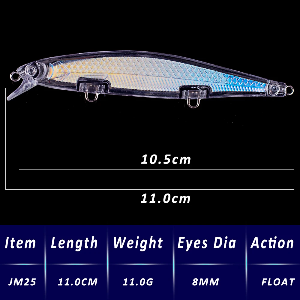 CCLTBA 10pcs/lot 11cm 11g Blank Jerkbait Bass Lures Transparent Body Inside Foiled Unpainted  Shallow Minnow Baits for DIY