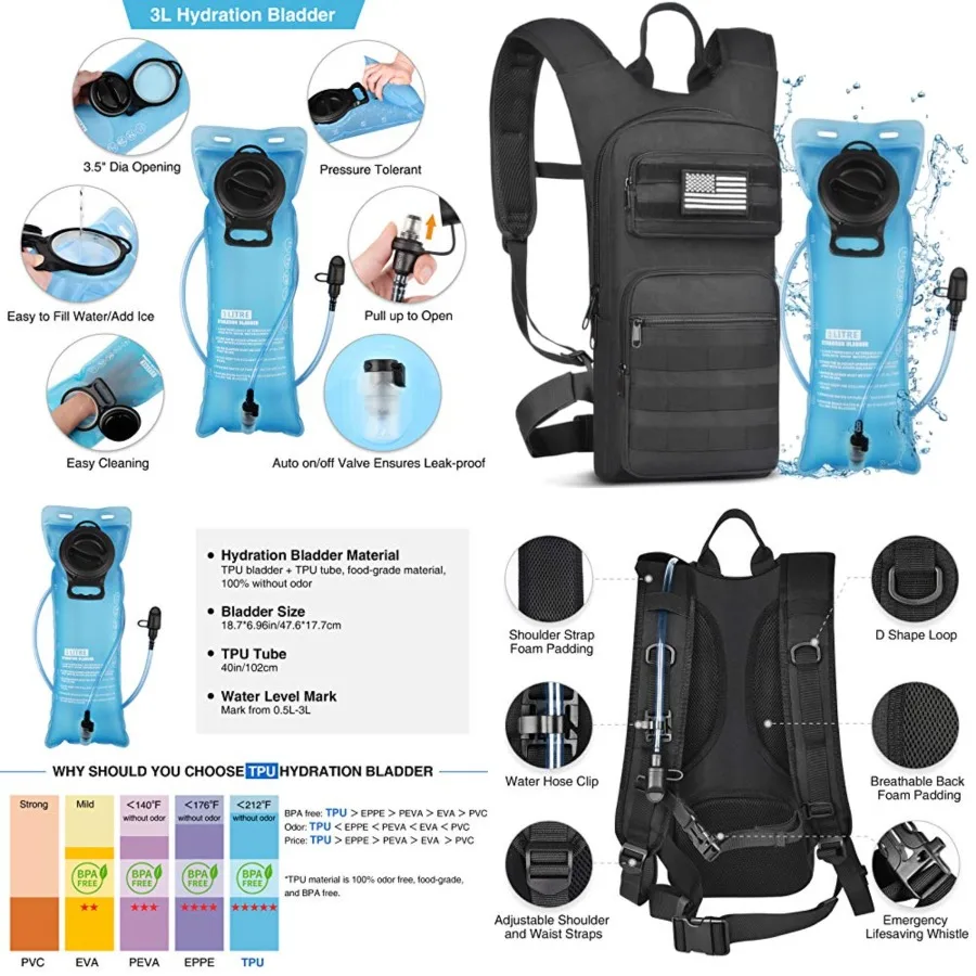 

Hydration Backpack with 3L TPU Water Bladder, Tactical Molle Water Backpack for Men Women, Hydration Pack for Hiking, Biking, R