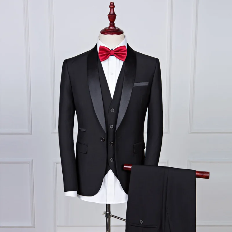 

KIDWHXR Men Suits Simple Solid Single-breasted Blazer Male V-neck Vest Straight-leg Pant Man British Style Wedding 3-piece Set