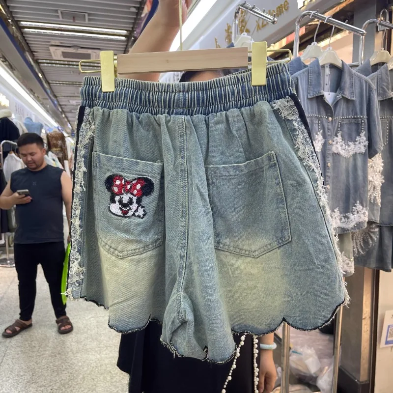 2025 Summer New Washed Cotton Elastic Waist Wide Legs Denim Shorts Diamond Drills Versatile Casual Short Booty Pants For Women