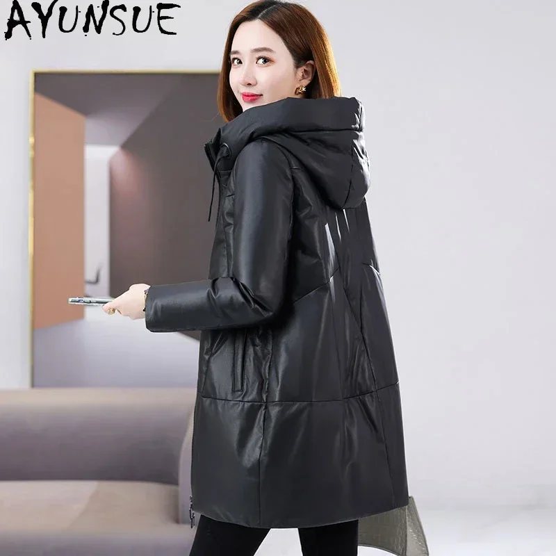 Ayunsue 100% Echt Leren Jack Vrouwen Winter Halverwege Lange Witte Eend Donsjassen Schapenvacht Capuchon Jas Losse Bovenkleding Chaquetas