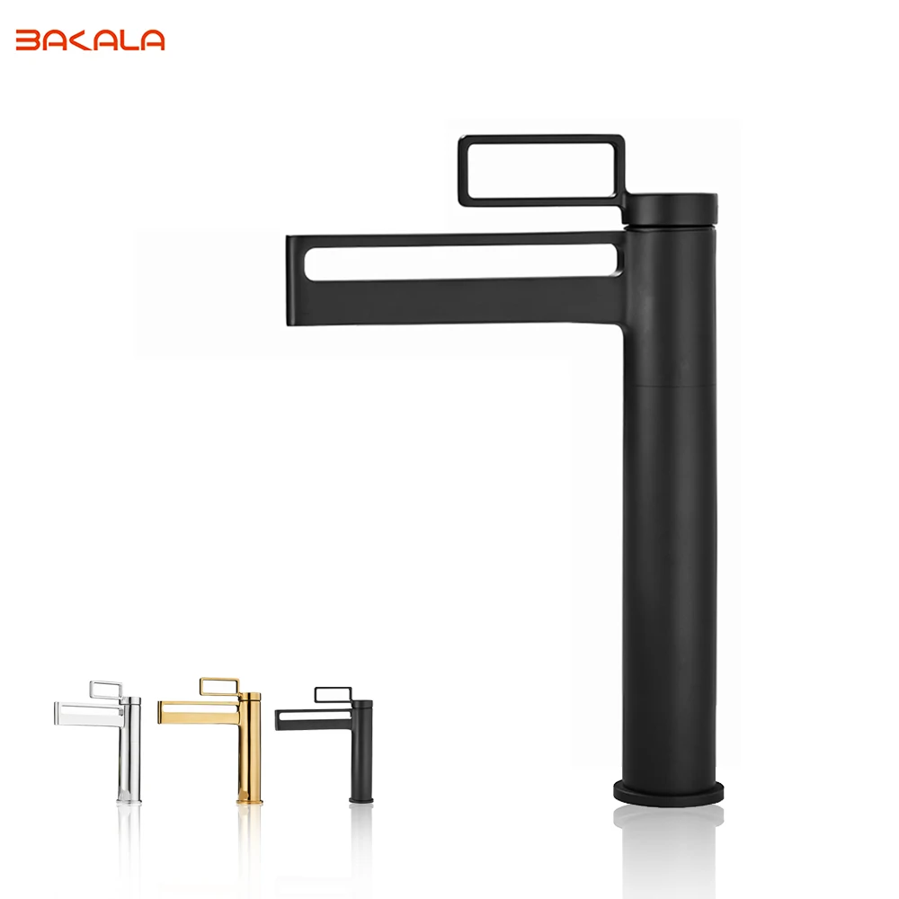 

Black Tall Bathroom Basin Taps Single Handle Waterfall Faucet Solid Brass Basin Mixer Tap Creative Hollowed Out Design Water Tap