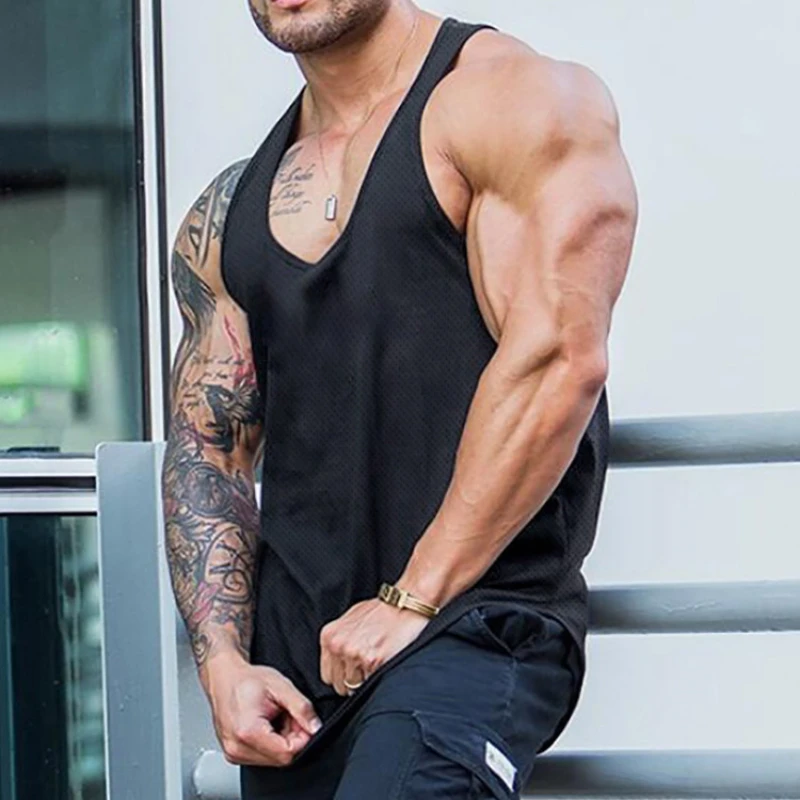 Einfarbiges Sommer-Mesh Schnelltrocknendes Tanktop Fitness-Muskelkleidung Bodybuilding Sport-Westen Herren Ärmellose Y-Back Shirts