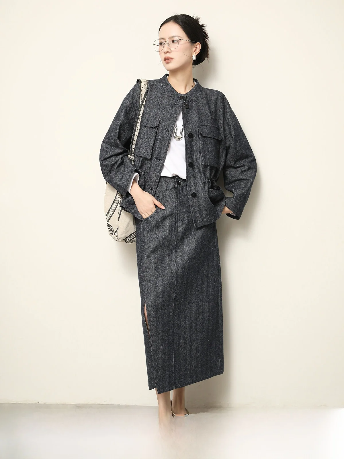 

XUS Vintage Minimalist Women's Denim Long Sleeve Jacket Skirt Set Commute Ensemble High Waist Summer Fashion Outfit