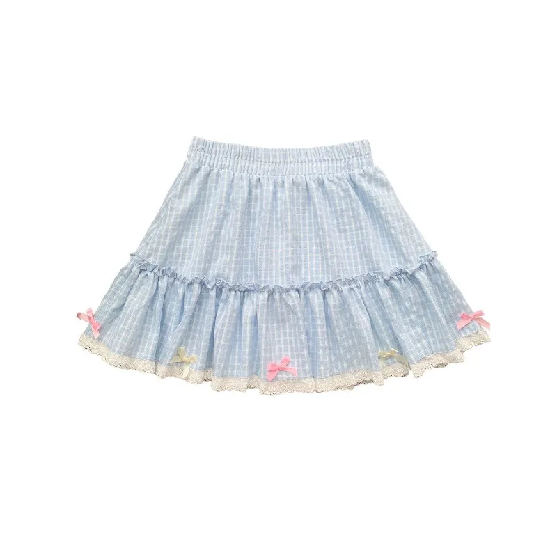 HOUZHOU Kawaii Blue Plaid Mini Skirt Women Japanese Sweet Harajuku Y2K High Waist A-line Bow Lace Patchwork Short Skirt Lolita