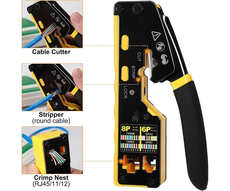 RJ45 Network Crimper Pass Through Multifunction Ethernet Crimping Pliers Crimp/Cut/Strip for Cat6 Cat5 Cat5e RJ45 Connectors