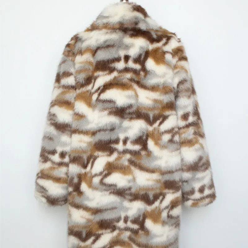 رجل فو الفراء التمويه سترة فضفاضة القمم الفراء رقيق رشاقته معاطف طويلة سترة ملابس خارجية 2025 الشتاء الدافئة جاكيتات معاطف الرجعية