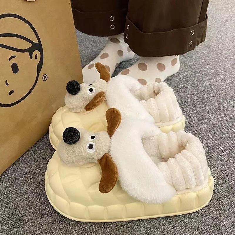 Cartoon puppy waterproof cotton slippers women wear home indoor non-slip thick bottom plush warm cute cotton slippers